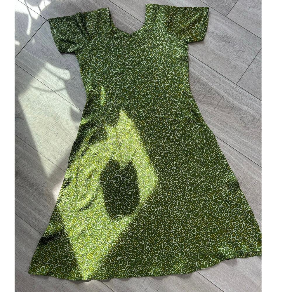 Green Boho Midi Dress Short Sleeve Fit & Flare Sundress Retro Print - Size S/M - Picture 7 of 8